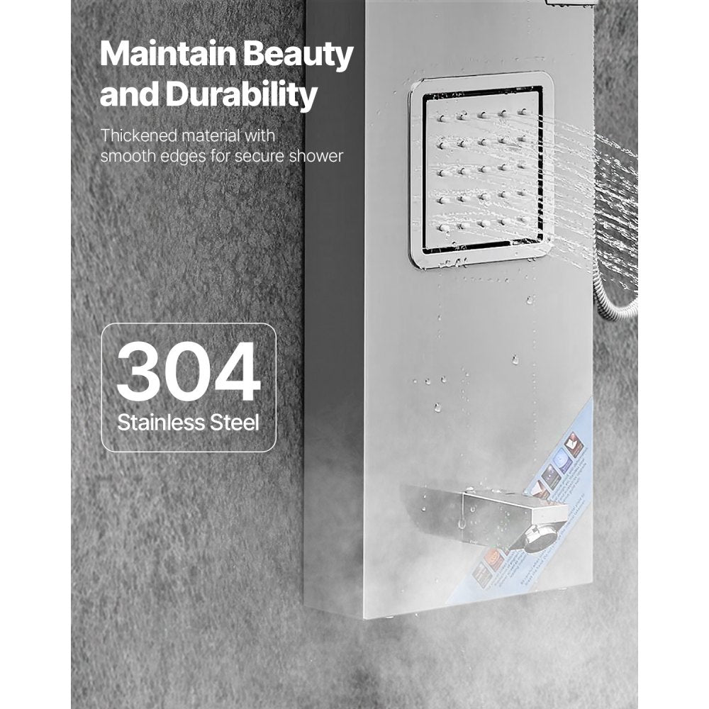 VEVOR Shower Panel Tower System with Rainfall Waterfall Shower Head, 53 in Brushed Stainless Steel Shower Column, 5-Function Faucet, Wall-Mount Rain Massage System with 2 Body Jet, Handheld, Tub Spout