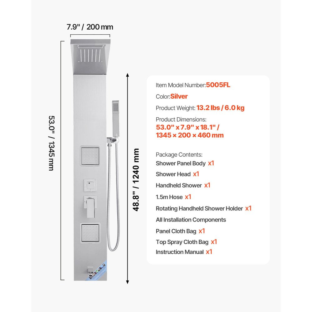VEVOR Shower Panel Tower System with Rainfall Waterfall Shower Head 53 in Brushed Stainless Steel Shower Column 5-Function Faucet Wall-Mount Rain