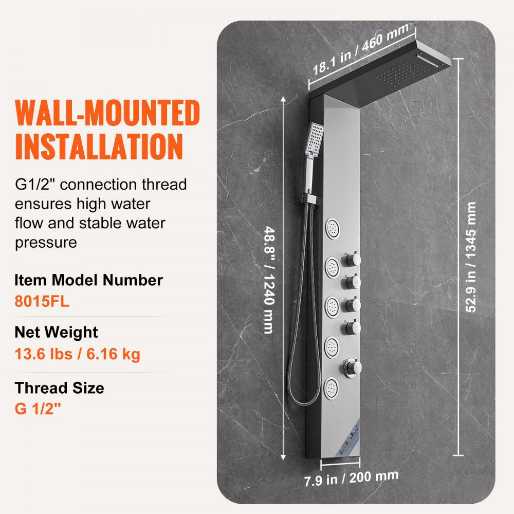 VEVOR Shower Panel System, 4 Shower Modes Shower Panel Tower, Rainfall, Waterfall, 5 Full Body Massage Jets and 3-Setting Handheld Shower Head with 59" Hose, Stainless Steel Wall-Mounted Shower Set