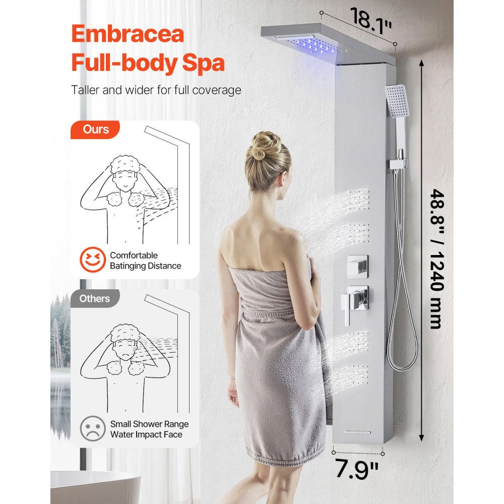 VEVOR Shower Panel Tower System with Rainfall Waterfall Shower Head, LED, 53 in Brushed Stainless Steel Shower Column, 5-Function Faucet, Wall-Mount Rain Massage System, with Handheld and Tub Spout