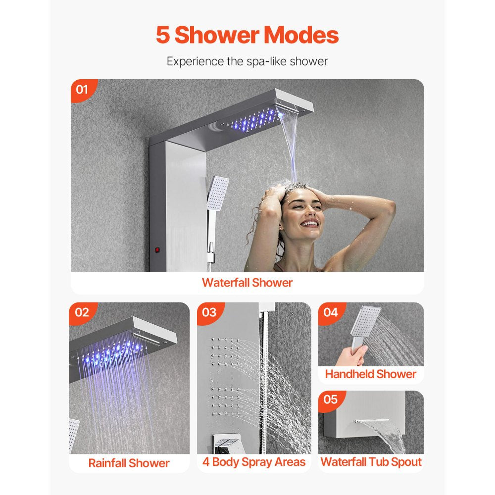 VEVOR Shower Panel Tower System with Rainfall Waterfall Shower Head, LED, 53 in Brushed Stainless Steel Shower Column, 5-Function Faucet, Wall-Mount Rain Massage System, with Handheld and Tub Spout