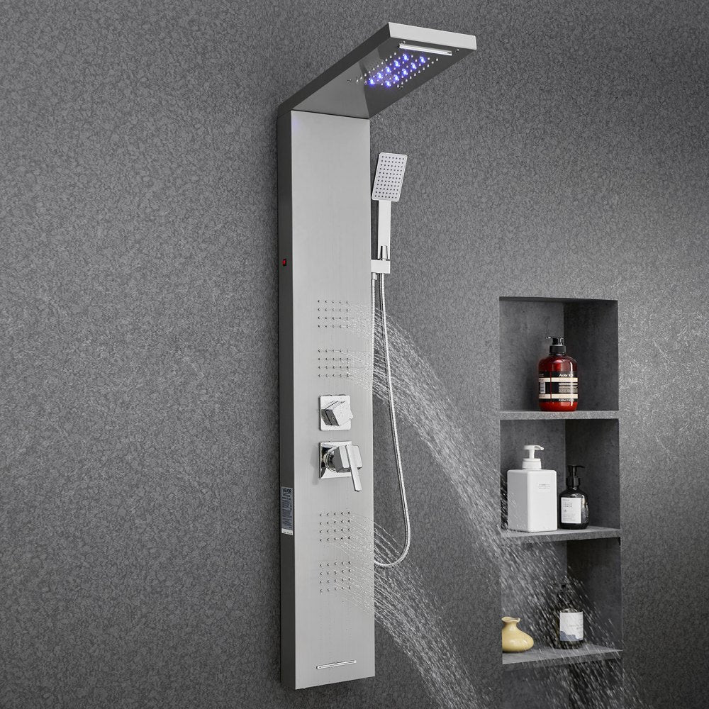 VEVOR Shower Panel Tower System with Rainfall Waterfall Shower Head, LED, 53 in Brushed Stainless Steel Shower Column, 5-Function Faucet, Wall-Mount Rain Massage System, with Handheld and Tub Spout
