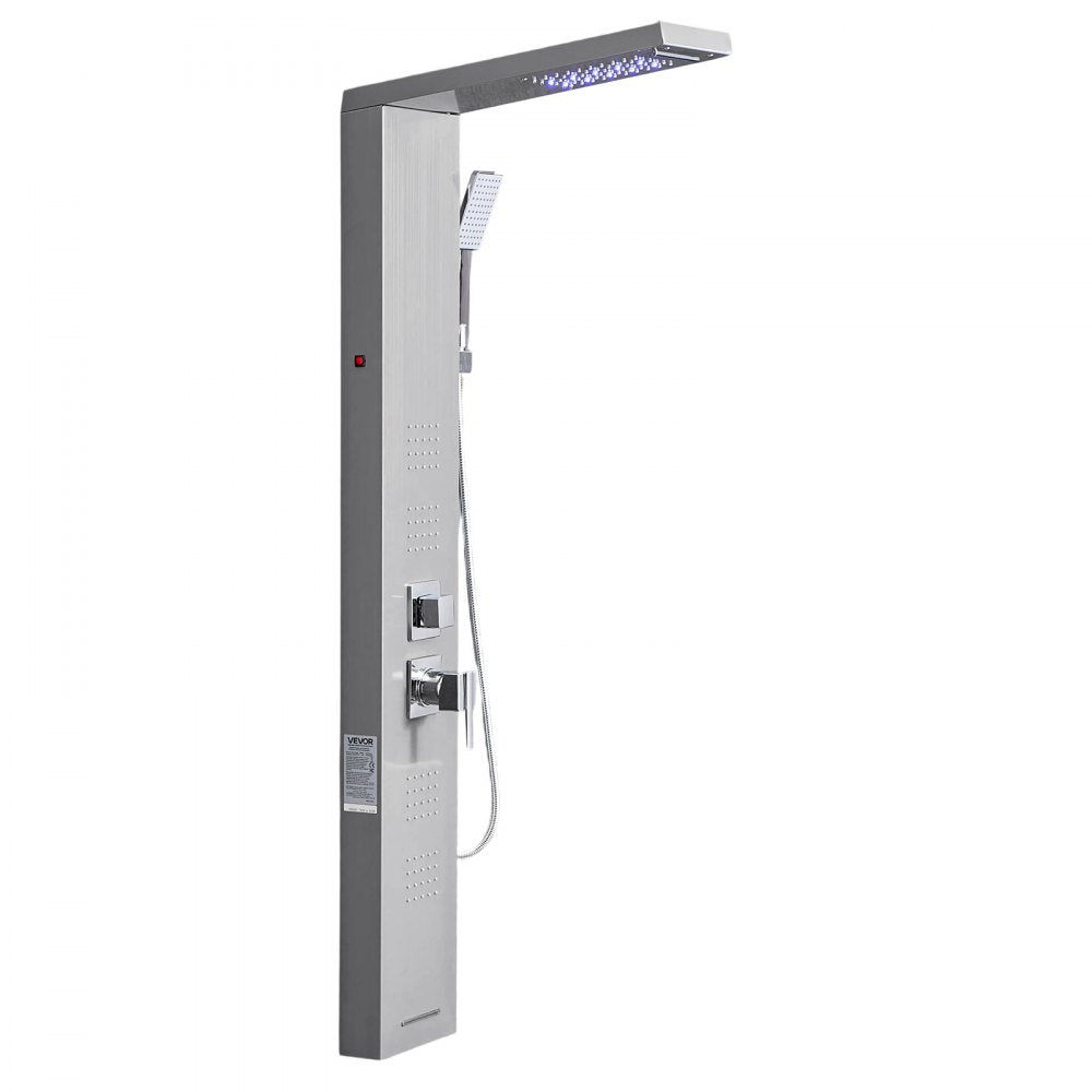VEVOR Shower Panel Tower System with Rainfall Waterfall Shower Head, LED, 53 in Brushed Stainless Steel Shower Column, 5-Function Faucet, Wall-Mount Rain Massage System, with Handheld and Tub Spout