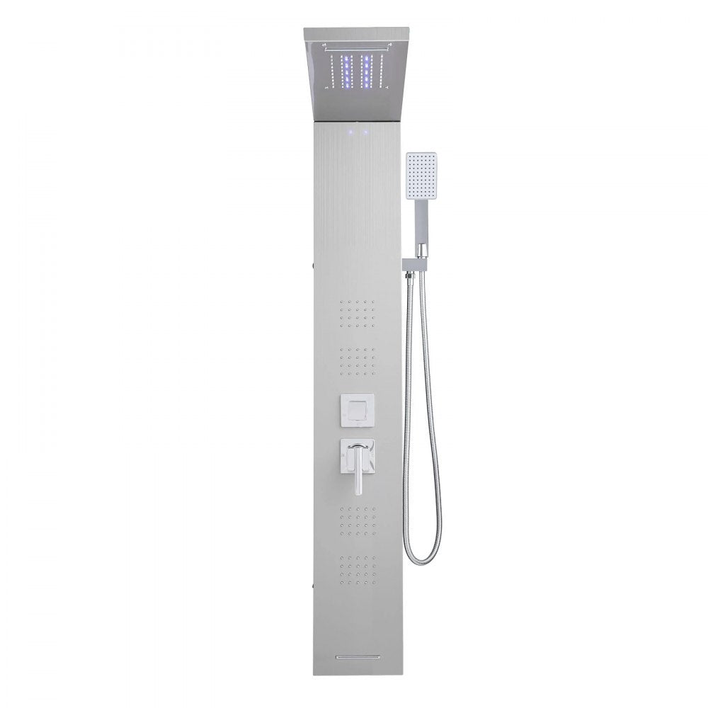 VEVOR Shower Panel Tower System with Rainfall Waterfall Shower Head, LED, 53 in Brushed Stainless Steel Shower Column, 5-Function Faucet, Wall-Mount Rain Massage System, with Handheld and Tub Spout