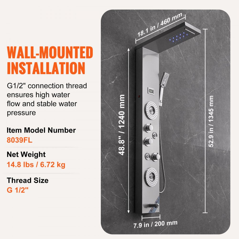 VEVOR Shower Panel System, 6 Shower Modes, LED & Display Shower Panel Tower, Rainfall, Waterfall, 4 Body Massage Jets, Tub Spout, Handheld Shower Head 59" Hose, Stainless Steel Wall-Mounted Shower Set