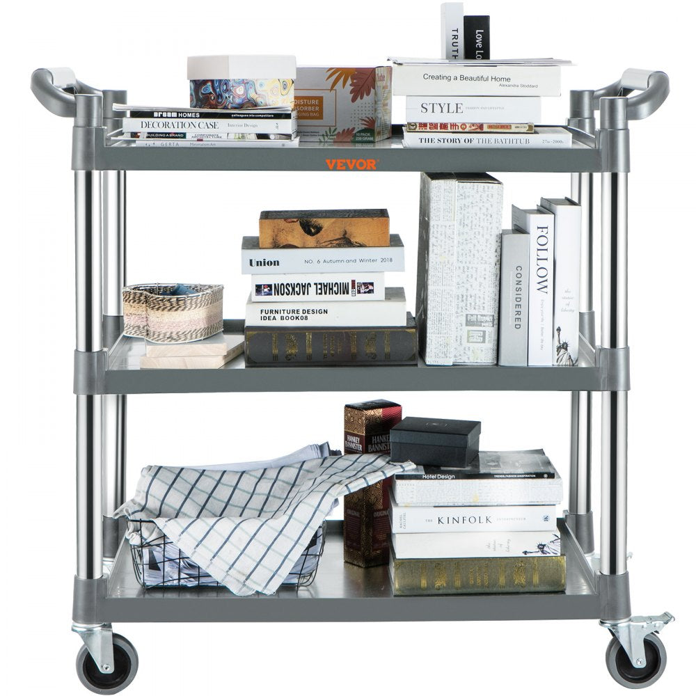 VEVOR Utility Service Cart, 3 Shelf Heavy Duty 220LBS Food Service Cart, Rolling Utility Cart with Lockable Wheels, 40" x 19.3" x 38.6" Plastic Utility Cart for Kitchen Office Restaurant Home, Grey