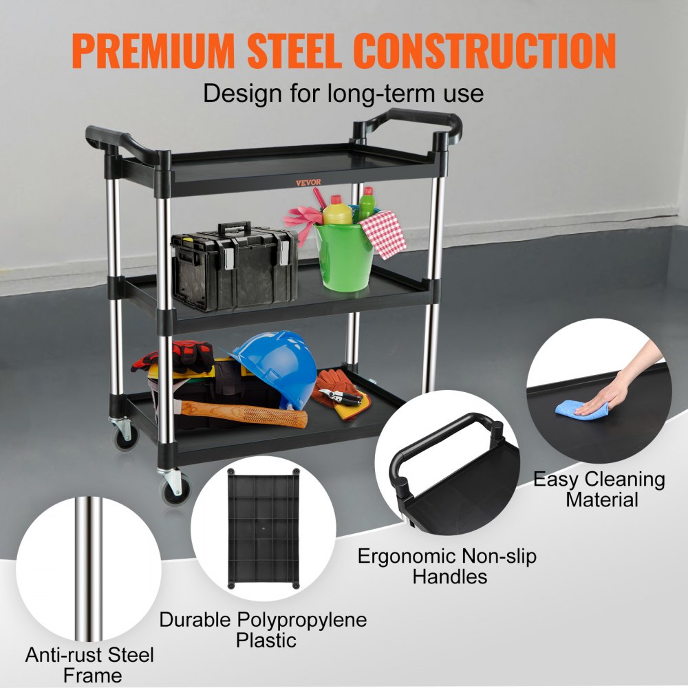 VEVOR Utility Service Cart, 3 Shelf Heavy Duty 220LBS Food Service Cart, Rolling Utility Cart with Lockable Wheels, 40" x 19.3" x 38.6" Plastic Utility Cart for Kitchen Office Restaurant Home, Black