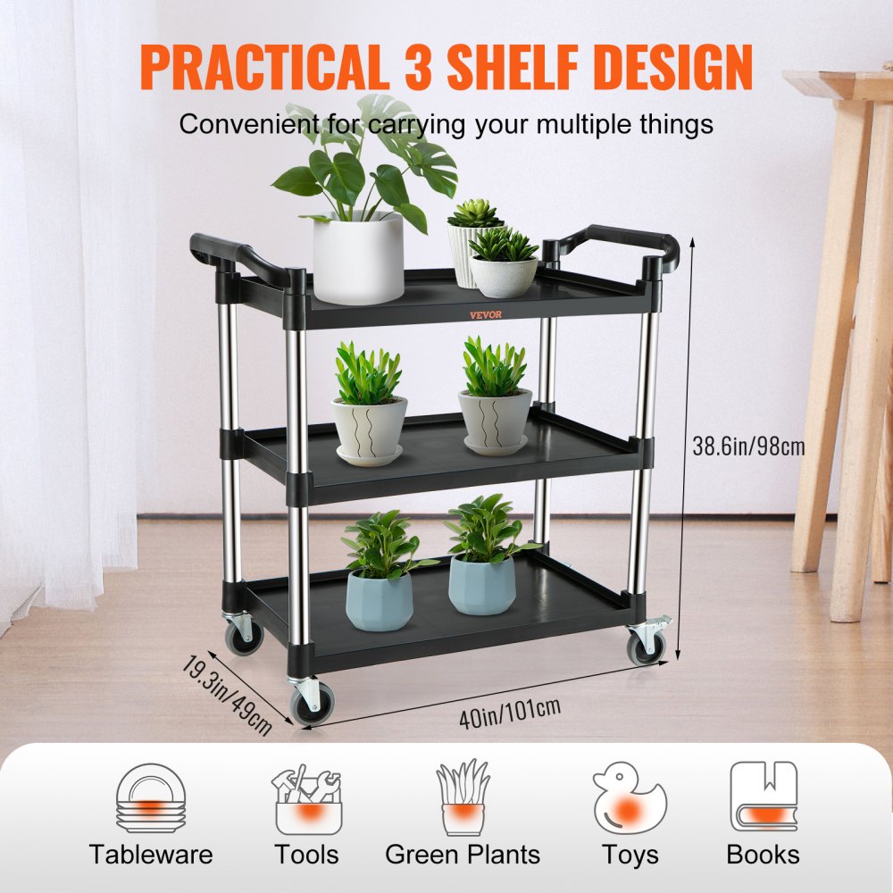VEVOR Utility Service Cart, 3 Shelf Heavy Duty 220LBS Food Service Cart, Rolling Utility Cart with Lockable Wheels, 40" x 19.3" x 38.6" Plastic Utility Cart for Kitchen Office Restaurant Home, Black