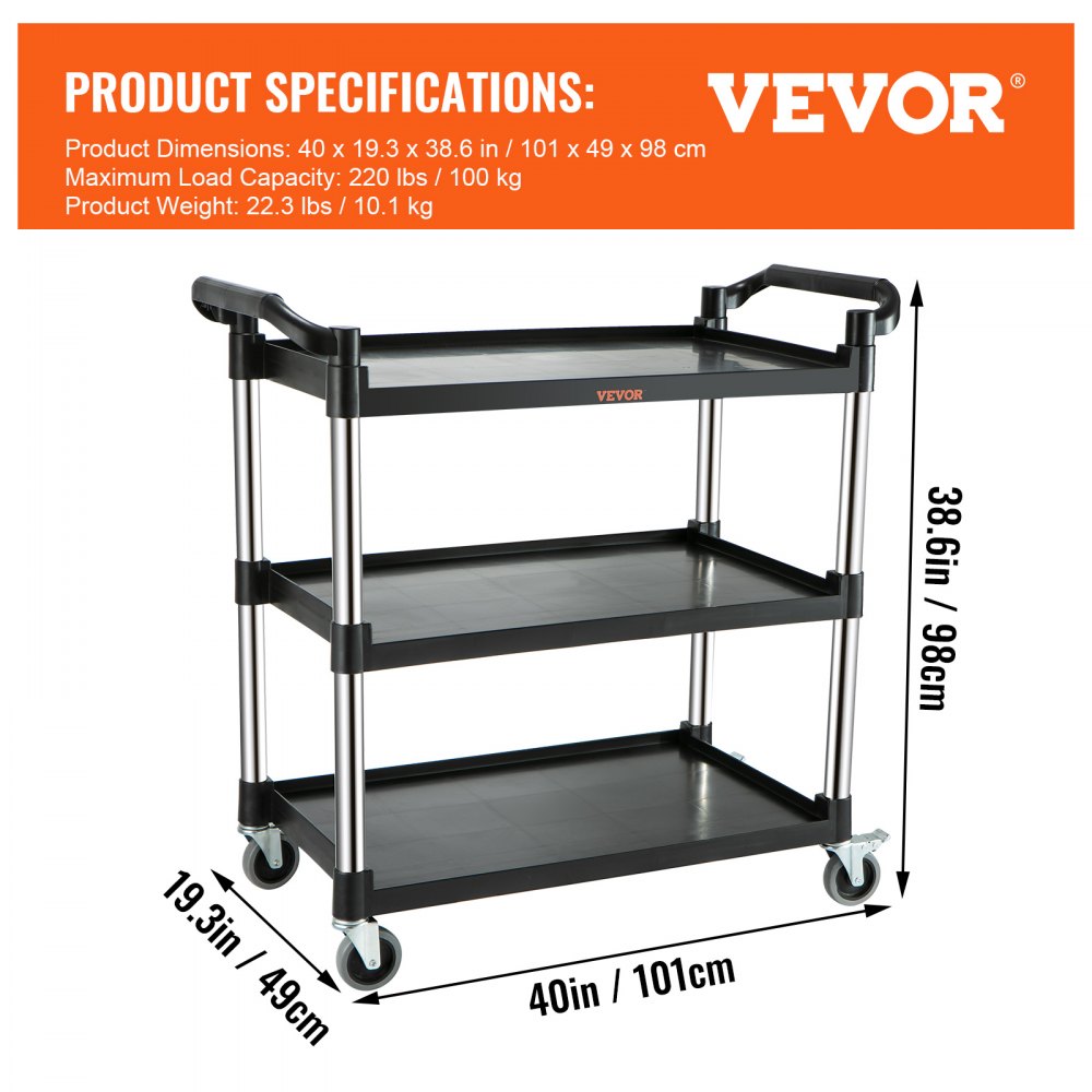 VEVOR Utility Service Cart, 3 Shelf Heavy Duty 220LBS Food Service Cart, Rolling Utility Cart with Lockable Wheels, 40" x 19.3" x 38.6" Plastic Utility Cart for Kitchen Office Restaurant Home, Black