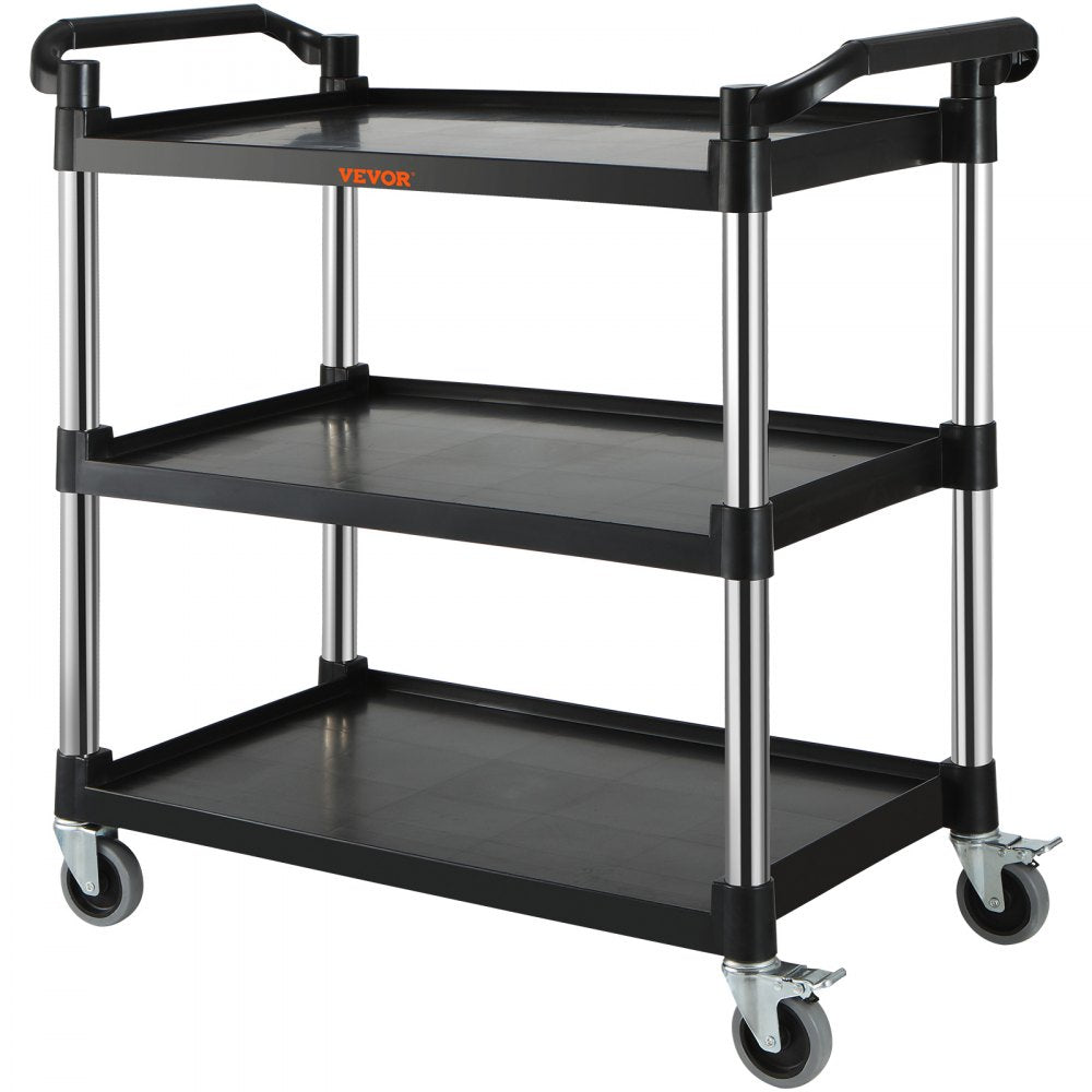 VEVOR Utility Service Cart, 3 Shelf Heavy Duty 220LBS Food Service Cart, Rolling Utility Cart with Lockable Wheels, 40" x 19.3" x 38.6" Plastic Utility Cart for Kitchen Office Restaurant Home, Black