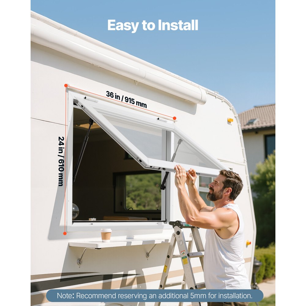VEVOR Concession Window 36x24 in, Aluminum Alloy Frame Service Window for Food Truck, Up to 85 Degrees Stand Serving Window with Awning Door and Drag Hook, Rainwater Resistant for Concession Trailers