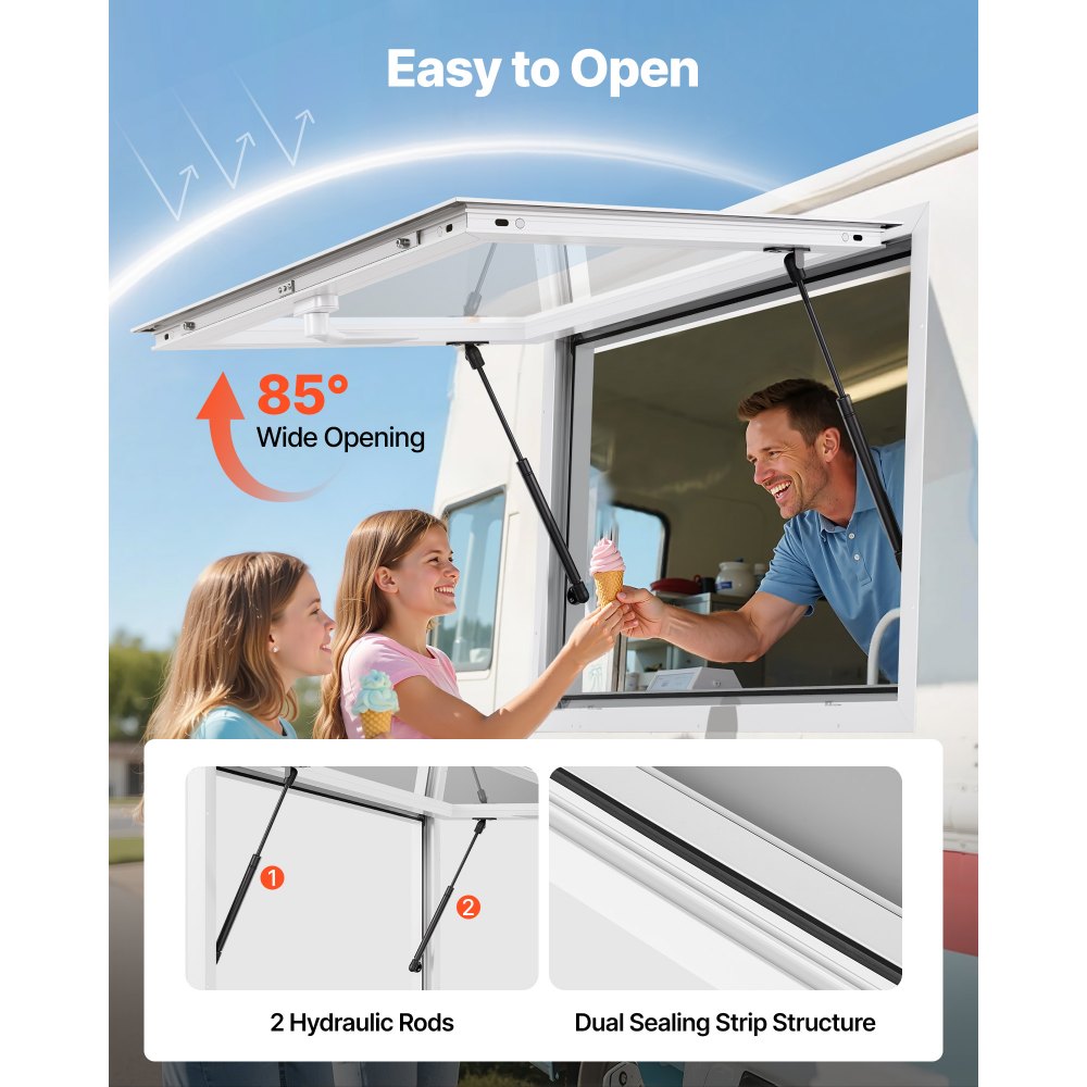 VEVOR Concession Window 36x24 in, Aluminum Alloy Frame Service Window for Food Truck, Up to 85 Degrees Stand Serving Window with Awning Door and Drag Hook, Rainwater Resistant for Concession Trailers