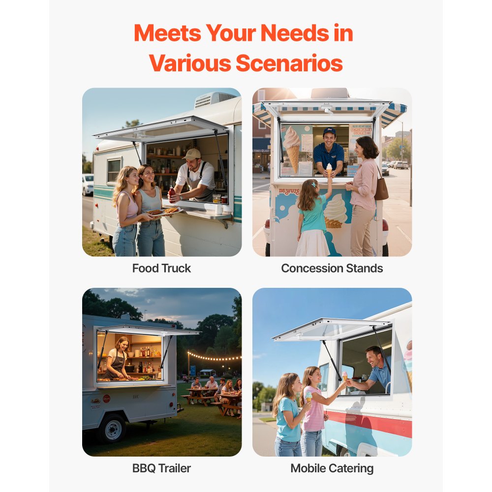 VEVOR Concession Window 36x24 in, Aluminum Alloy Frame Service Window for Food Truck, Up to 85 Degrees Stand Serving Window with Awning Door and Drag Hook, Rainwater Resistant for Concession Trailers