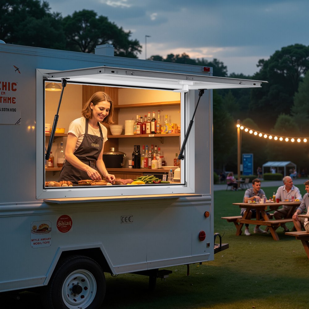 VEVOR Concession Window 36x24 in, Aluminum Alloy Frame Service Window for Food Truck, Up to 85 Degrees Stand Serving Window with Awning Door and Drag Hook, Rainwater Resistant for Concession Trailers