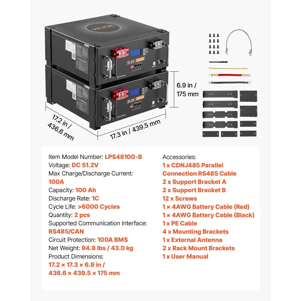 VEVOR 48V 100Ah LiFePO4 Lithium Battery, Built-in 100A BMS, 51.2V Server Rack LiFePO4 Battery with Bluetooth & Display, 5120Wh Capacity, 6000 Cycles, for Solar Energy Storage Home Backup Power, 2 Pack