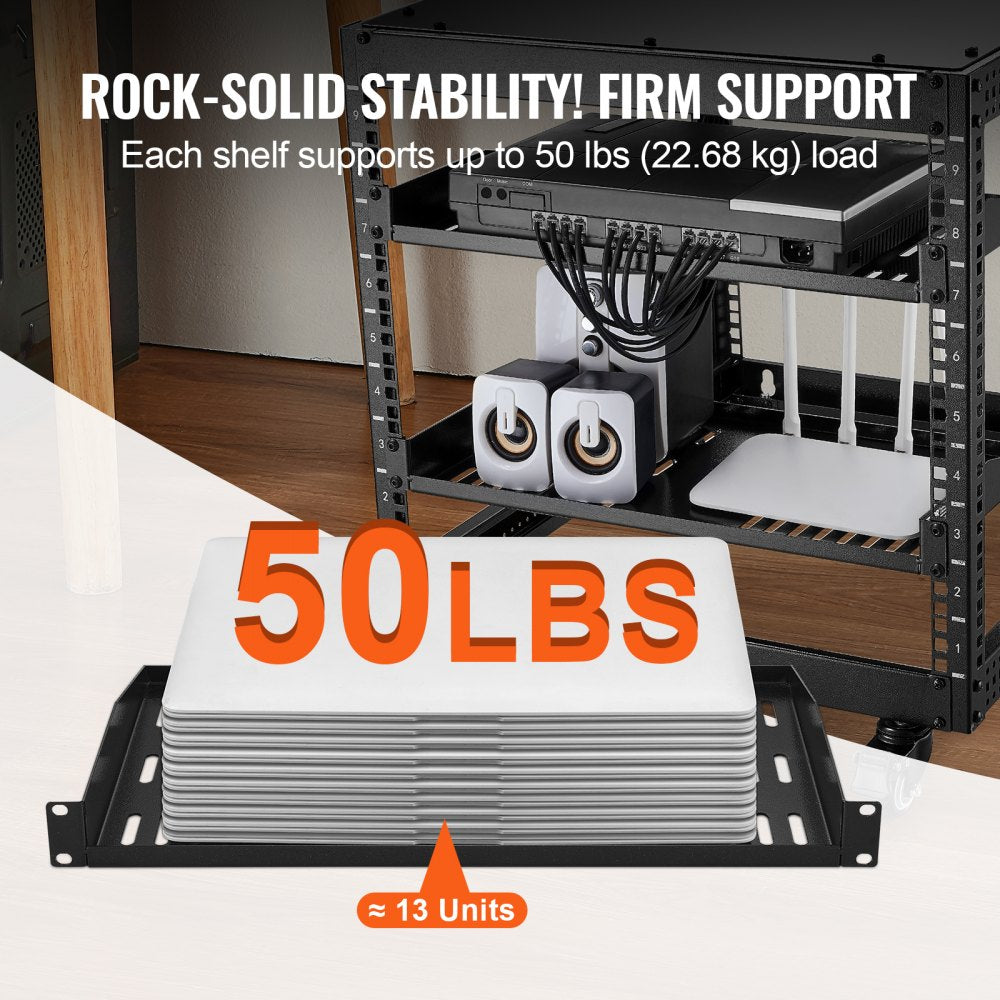 VEVOR 2PCS 1U Server Rack Shelf, 10"/254 mm Depth, 50 lbs Max Load Capacity Vented Cantilever or Wall Mount Rack Mount Shelf with Tray, Good Air Circulation for 19" Network Cabinet or Equipment Rack