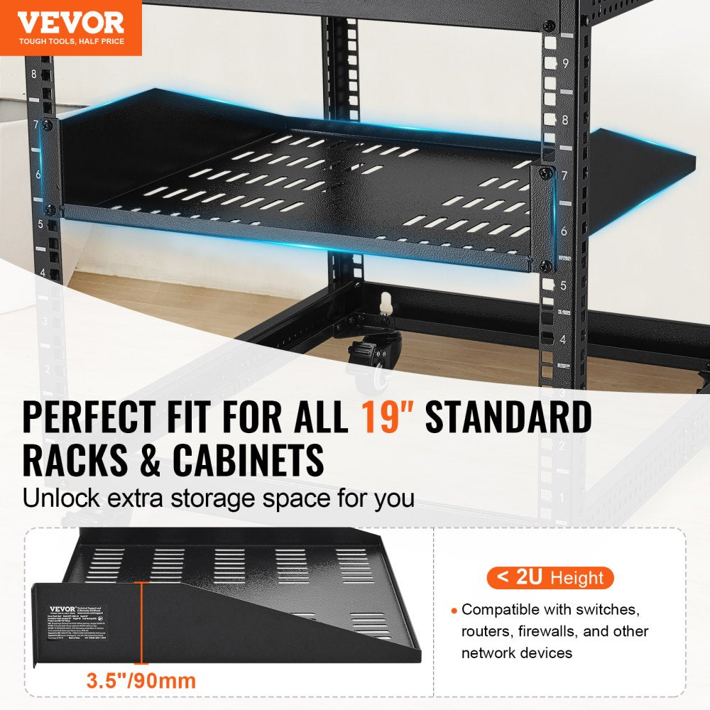 VEVOR 2U Server Rack Shelf, 16"/406mm Depth, 50lbs Max Load Capacity Vented Cantilever or Wall Mount Rack Mount Shelf with Tray, Good Air Circulation for 19"/482.6mm Network Cabinet or Equipment Rack