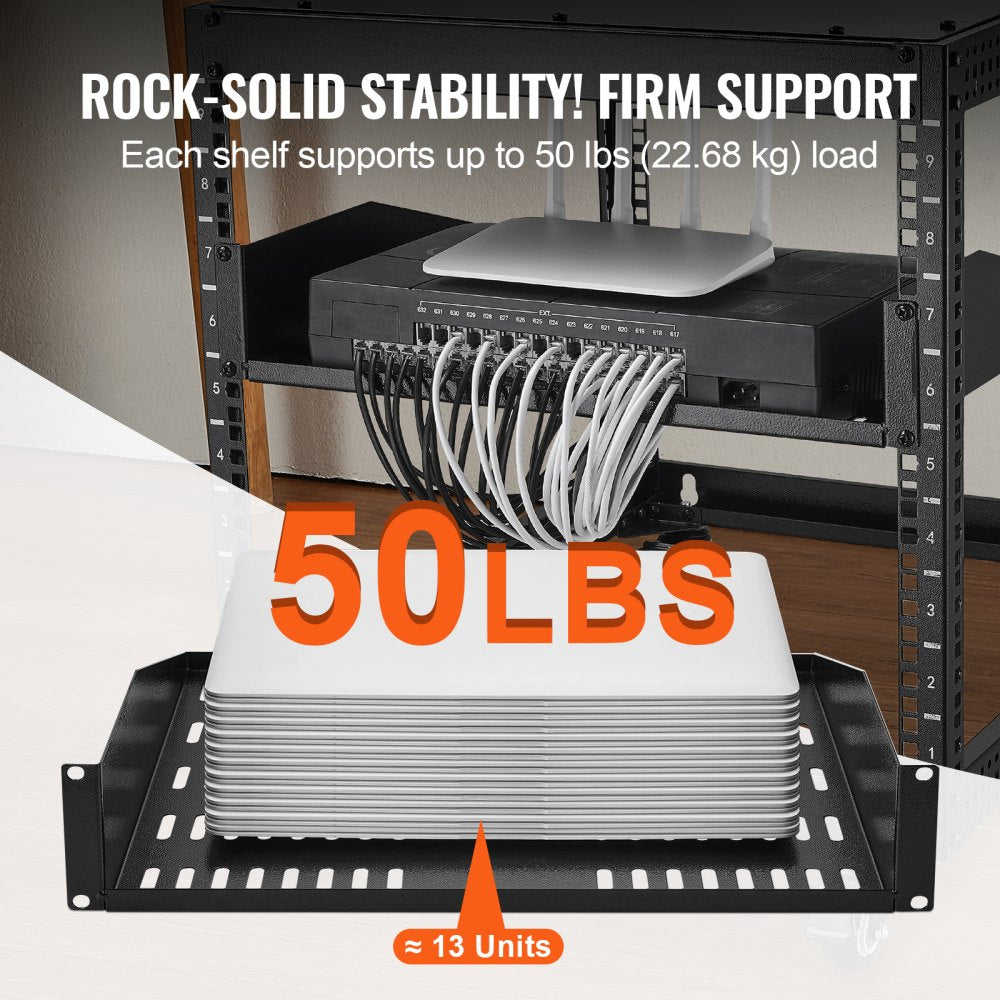 VEVOR 2U Server Rack Shelf, 16"/406mm Depth, 50lbs Max Load Capacity Vented Cantilever or Wall Mount Rack Mount Shelf with Tray, Good Air Circulation for 19"/482.6mm Network Cabinet or Equipment Rack