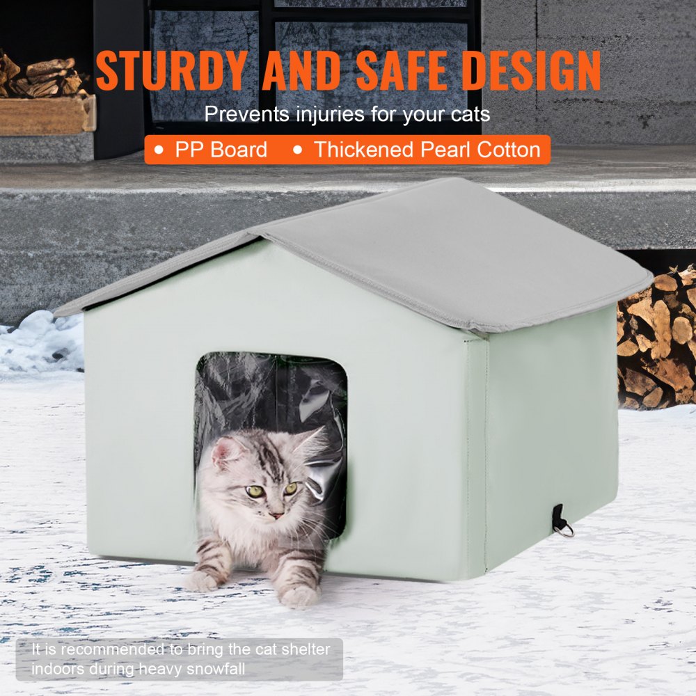 VEVOR Heated Cat House, Outdoor Kitty Shelter with Adjustable Temperature and Timer, 600D Oxford Cloth Foldable Cat Shelter with Heated Pad  for Winter to Stay Warm and Cozy, Green (Middle)