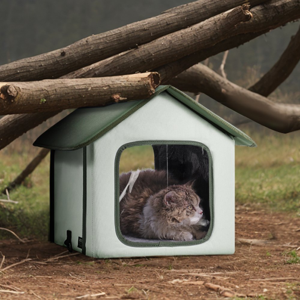 VEVOR Elevated Heated Cat House, Outdoor Kitty Shelter with Timer, 600D Oxford Cloth Foldable Cat Shelter with Heated Pad for Winter to Stay Warm and Cozy, Green (Small)
