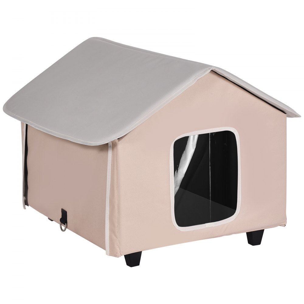 VEVOR Elevated Heated Cat House, Outdoor Kitty Shelter with Timer, 600D Oxford Cloth Foldable Cat Shelter with Heated Pad for Winter to Stay Warm and Cozy, Brown (Middle)