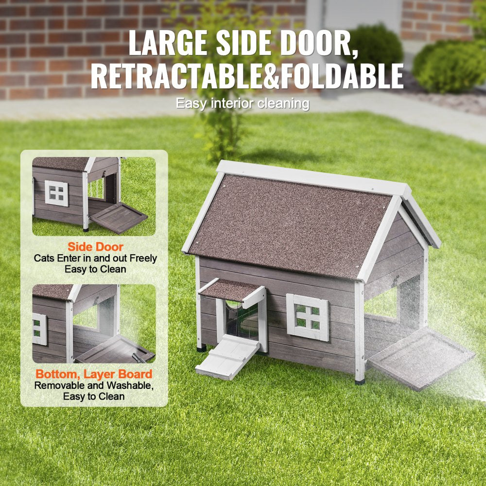 VEVOR Outdoor Cat House Weatherproof, Feral Cat Shelter for Multiple Cats, Outdoor Wooden Cat House with Large Side Door, PVC Door Flaps, Open Roof, Clear Window, 22"L x 30"W x 26"H