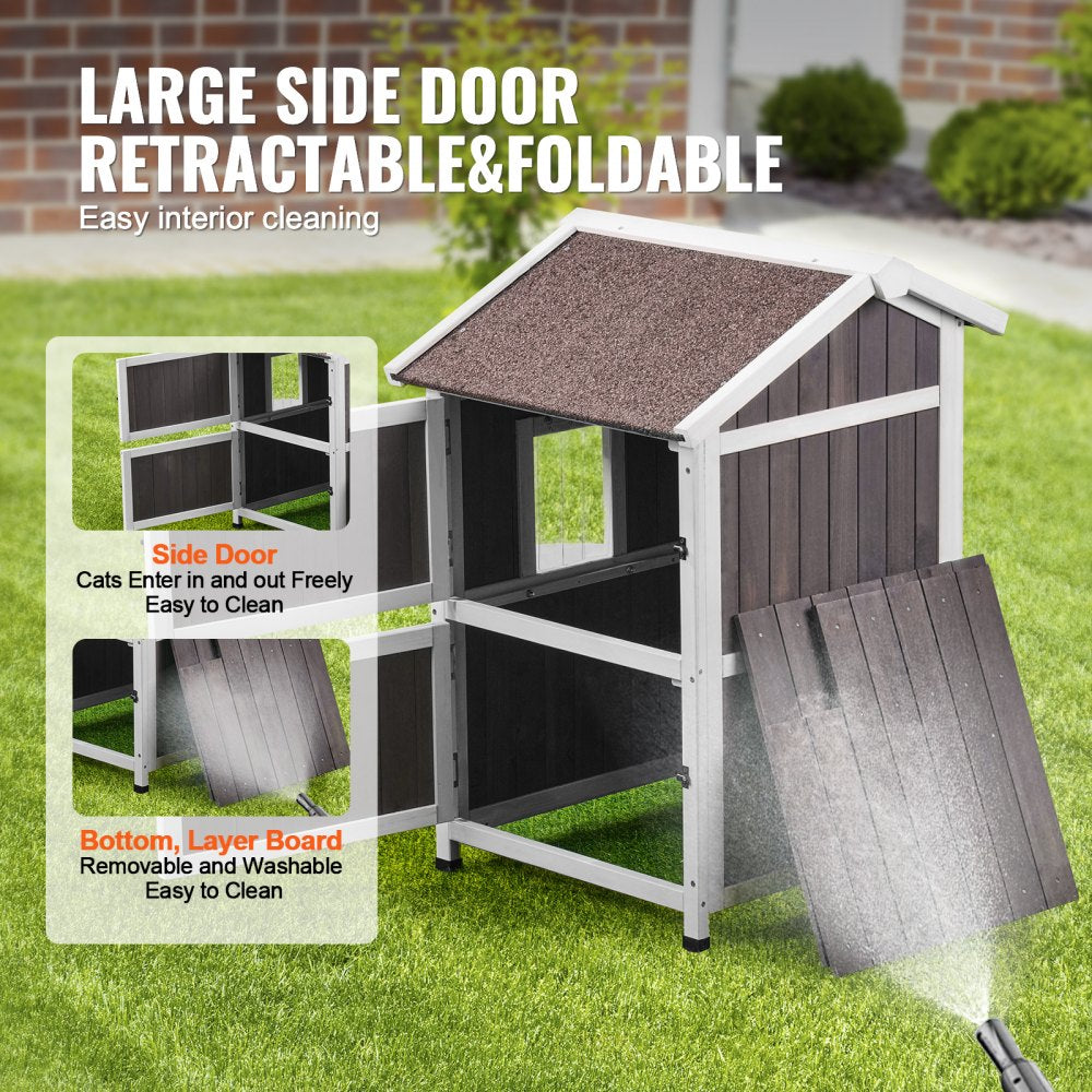VEVOR Outdoor Cat House Weatherproof, Feral Cat Shelter for Multiple Cats, 2-story Large Outdoor Wooden Cat House with Doors, PVC Door Flaps, A Clear Window, 23"L x 26"W x 36"H