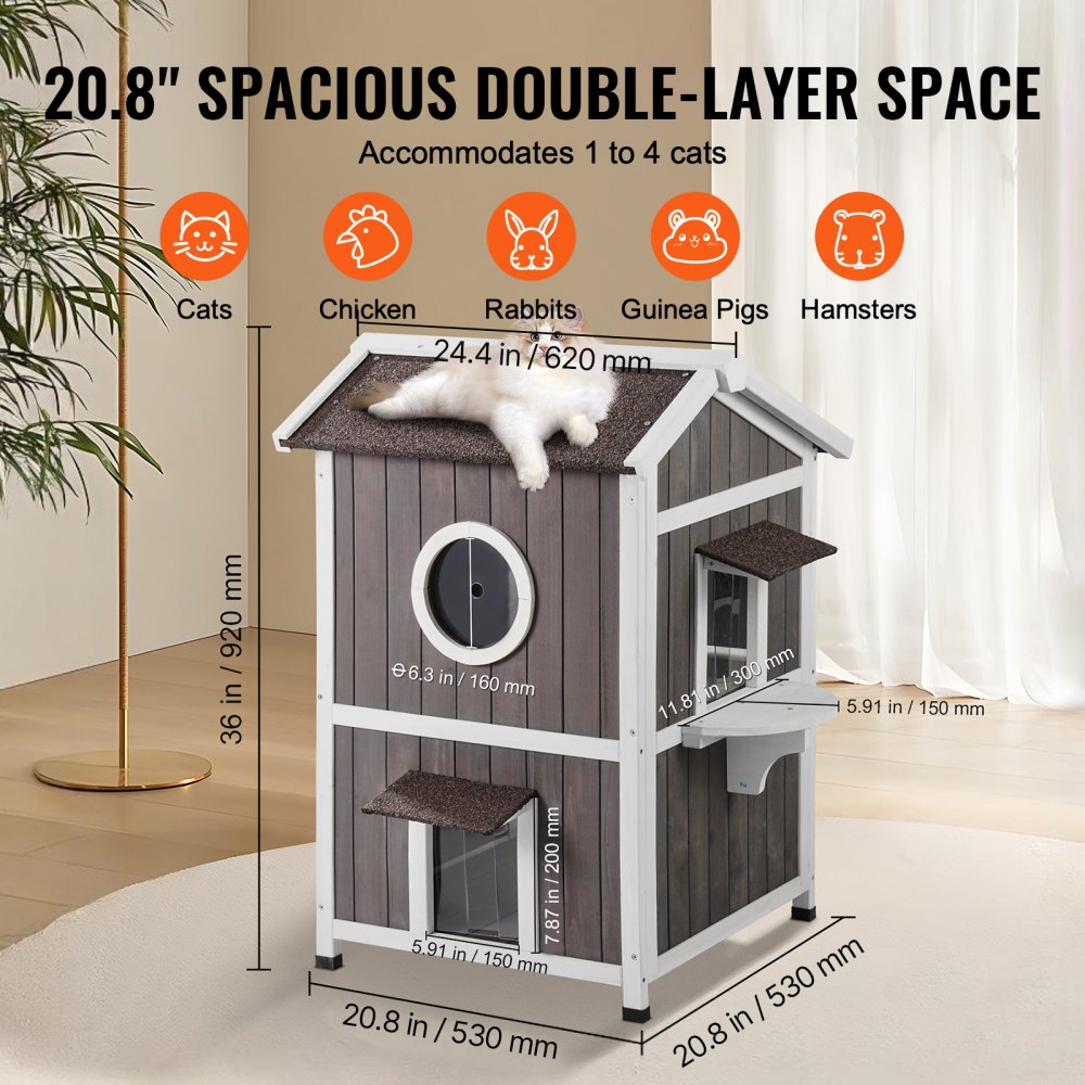 VEVOR Outdoor Cat House Weatherproof, Feral Cat Shelter for Multiple Cats, 2-story Large Outdoor Wooden Cat House with Doors, PVC Door Flaps, A Clear Window, 23"L x 26"W x 36"H