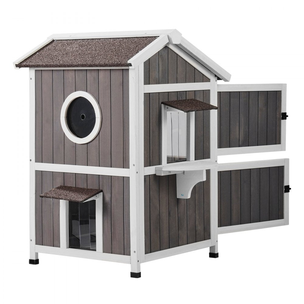 VEVOR Outdoor Cat House Weatherproof, Feral Cat Shelter for Multiple Cats, 2-story Large Outdoor Wooden Cat House with Doors, PVC Door Flaps, A Clear Window, 23"L x 26"W x 36"H