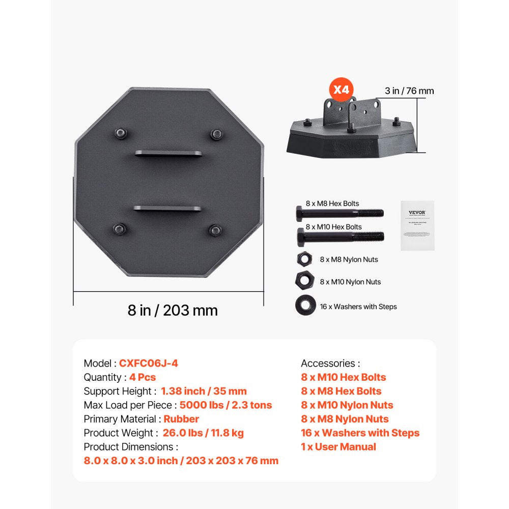 VEVOR RV Leveling Pads, 4-Pack Rubber Trailer Jack Pads, Each with 5000 lbs Capacity, Standard Jack Stabilizer Pad with Large Surface Area, Ideal for Scissor Jack Feet 5th Wheels Class A/C Motorhomes