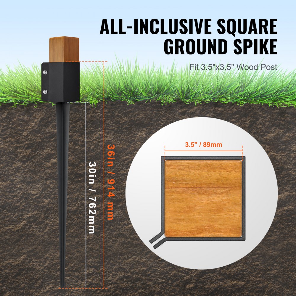 VEVOR Fence Post Anchor Ground Spike, 8 Pack 36 x 4 x 4 Inches Outer Diameter (Inner Diameter 3.5 x3.5 Inches), Metal Black Powder Coated Post Stake Ground, for Mailbox Deck Garden Railing
