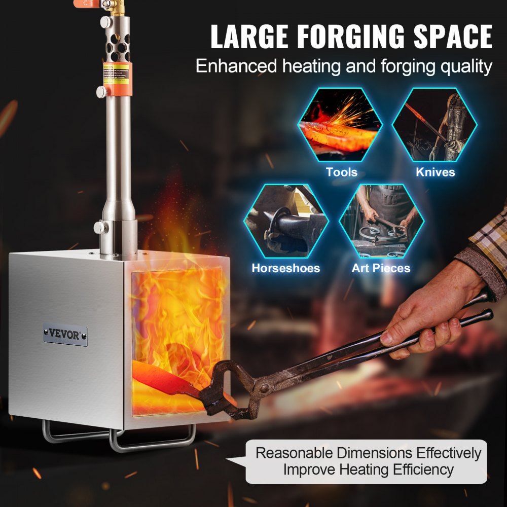 VEVOR Portable Propane Forge, 1 Burner, 2600℉ Tool and Knife Making Blacksmithing Farrier Forge, Large Capacity Square Shape, Stainless Steel Gas Forging Tools and Equipment, Use for Metal Forging