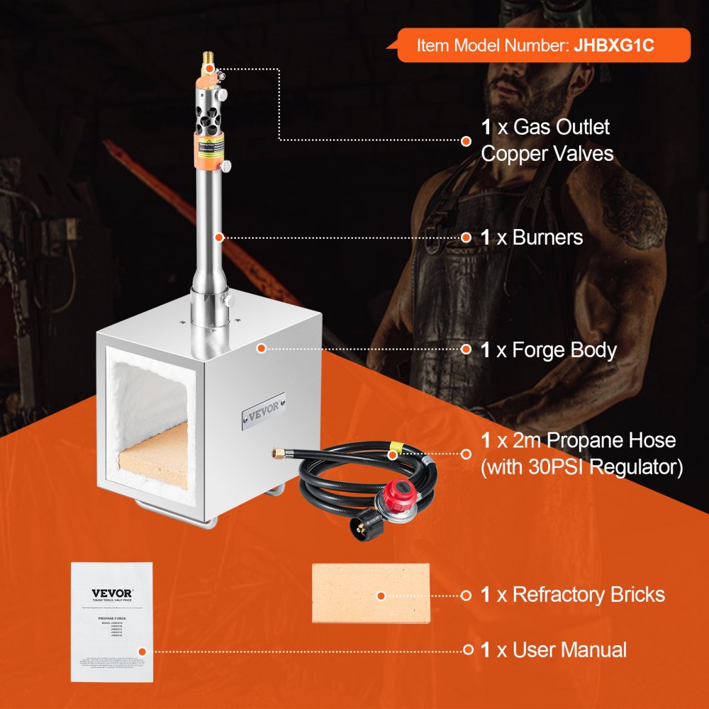 VEVOR Portable Propane Forge, 1 Burner, 2600℉ Tool and Knife Making Blacksmithing Farrier Forge, Large Capacity Square Shape, Stainless Steel Gas Forging Tools and Equipment, Use for Metal Forging