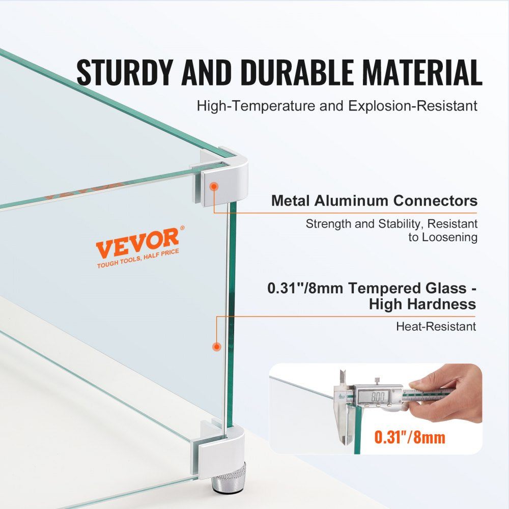 VEVOR Fire Pit Wind Guard, 38 x 10.5 x 6 Inch Glass Wind Guard, Rectangular Glass Shield, 0.3\" Thick Fire Table, Clear Tempered Glass Flame Guard, Steady Feet Tree Pit Guard for Propane, Gas, Outdoor