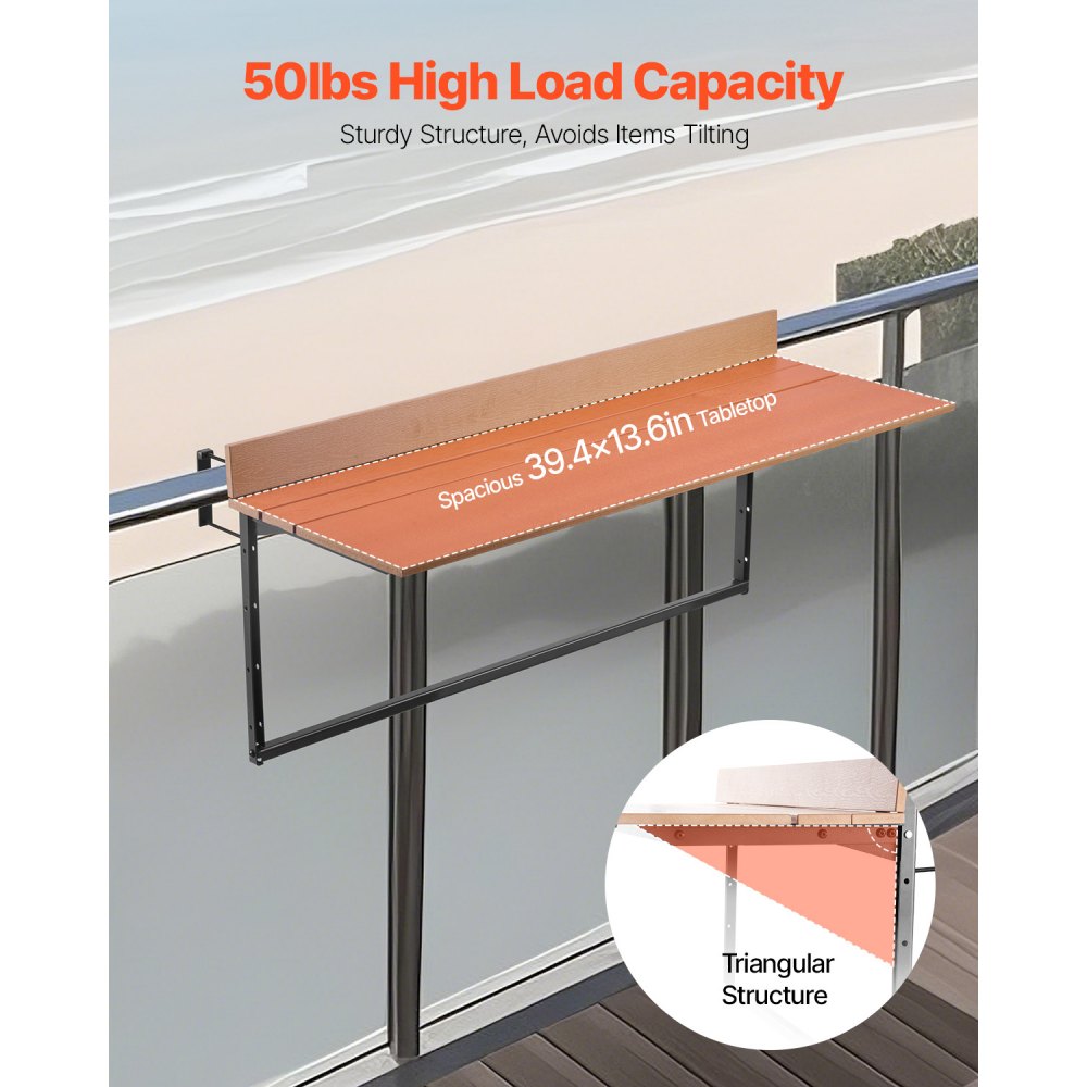 VEVOR Balcony Hanging Table, 15 x 39 in Folding Balcony Railing Table, Outdoor Balcony Bar Table for Railings, 5-Level Adjustable, Fit Railing from 1" to 5.3", Serving Table for Patio & Deck
