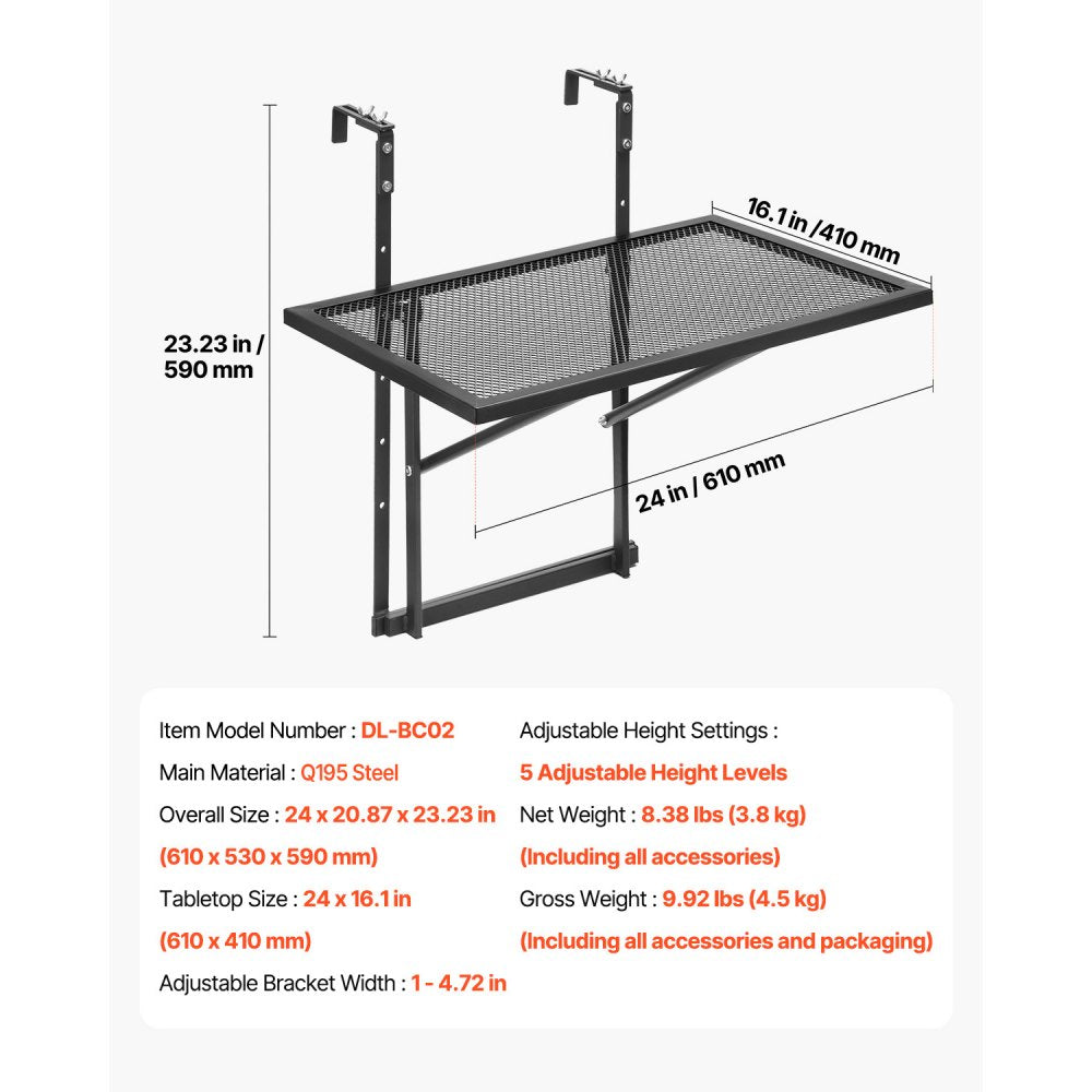 VEVOR Balcony Hanging Table, 19 x 24 in Metal Folding Balcony Railing Table, Outdoor Balcony Bar Table for Railings, 5-Level Adjustable, Fit Railing from 1" to 4.7", Serving Table for Patio & Deck