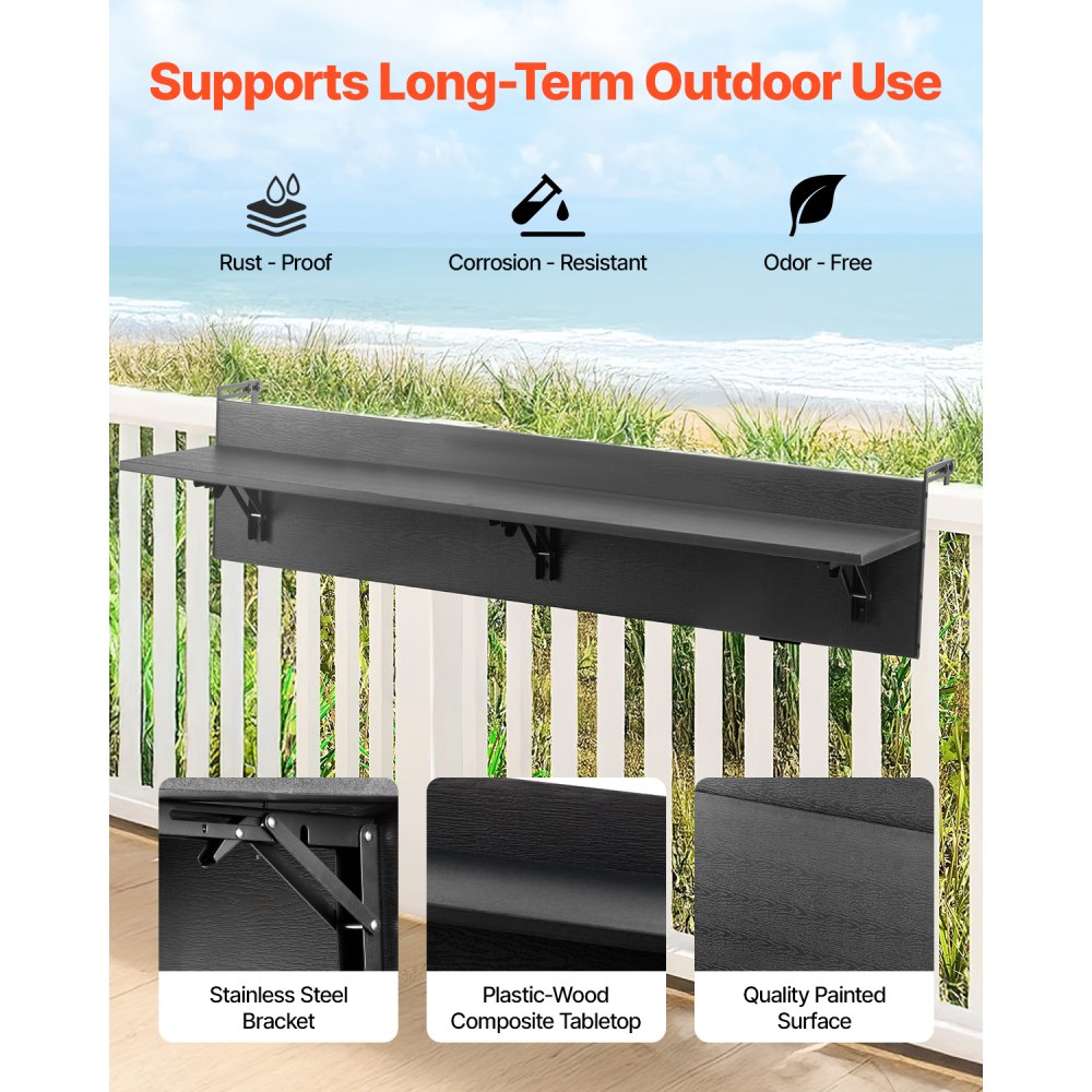 VEVOR Balcony Hanging Table, 12 x 48 in Folding Balcony Railing Table, Outdoor Balcony Bar Table for Railings, 50 lbs Loading, Fit Railing from 1" to 4.3", Serving Table for Patio & Deck