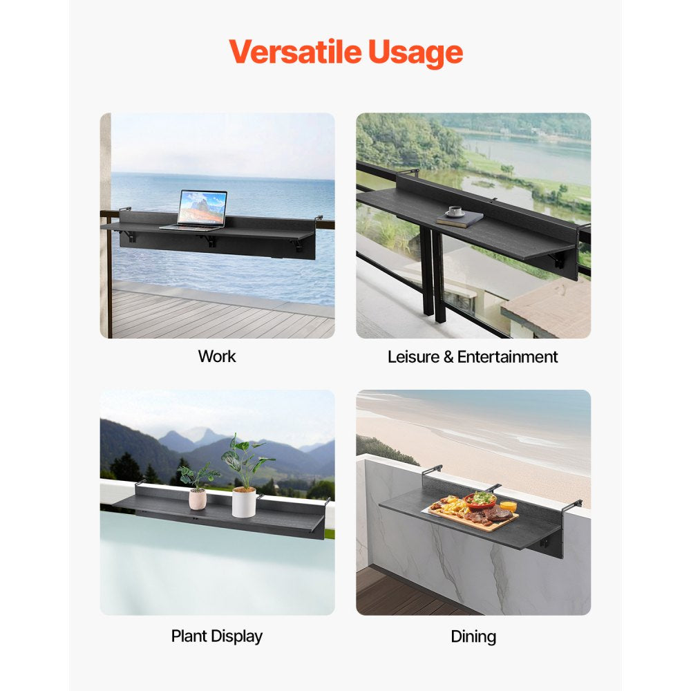 VEVOR Balcony Hanging Table, 12 x 48 in Folding Balcony Railing Table, Outdoor Balcony Bar Table for Railings, 50 lbs Loading, Fit Railing from 1" to 4.3", Serving Table for Patio & Deck