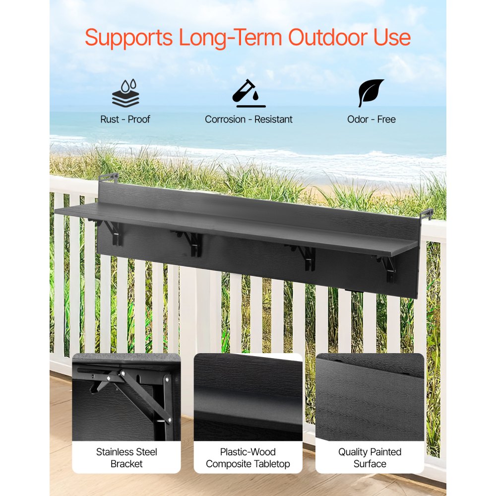 VEVOR Balcony Hanging Table, 12 x 59 in Folding Balcony Railing Table, Outdoor Balcony Bar Table for Railings, 50 lbs Loading, Fit Railing from 1" to 5.9", Serving Table for Patio & Deck