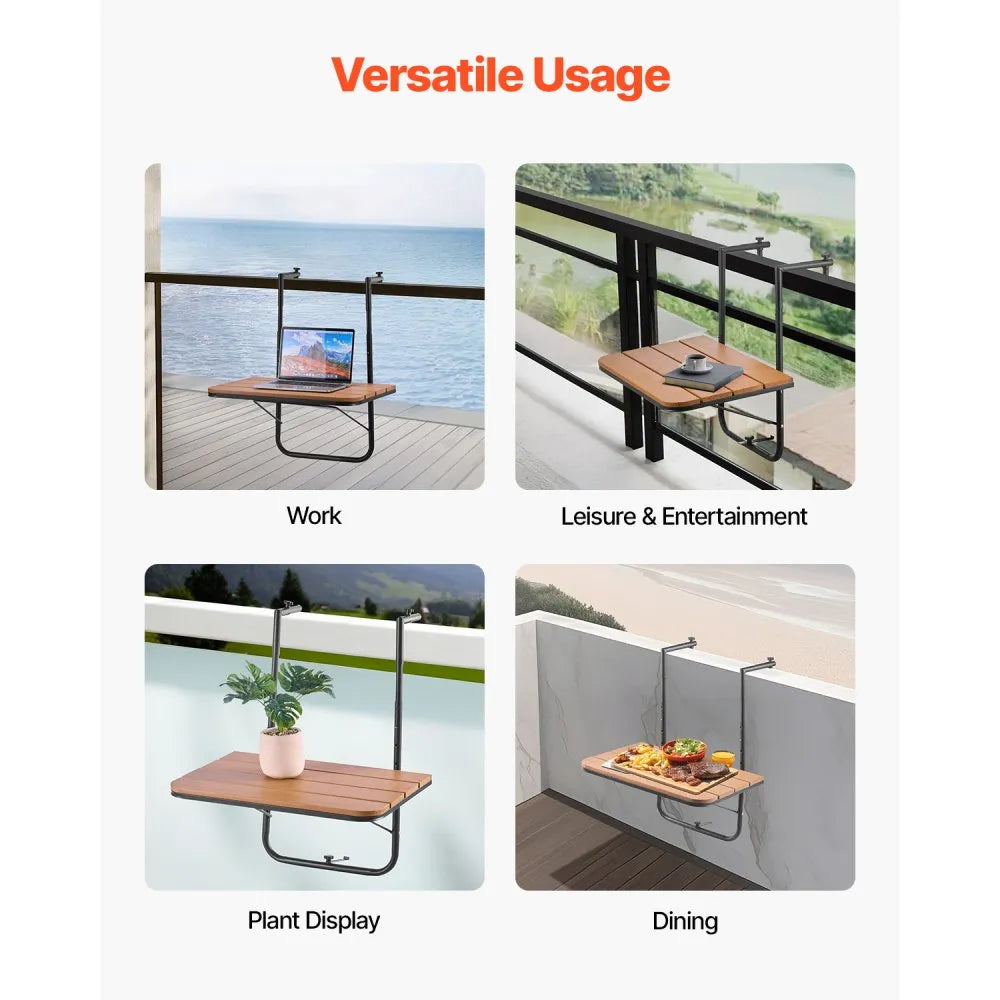 VEVOR Balcony Hanging Table, 25 x 24 in Folding Balcony Railing Table, Outdoor Balcony Bar Table for Railings, 4-Level Adjustable, Fit Railing from 1" to 8.27", Serving Table for Patio & Deck