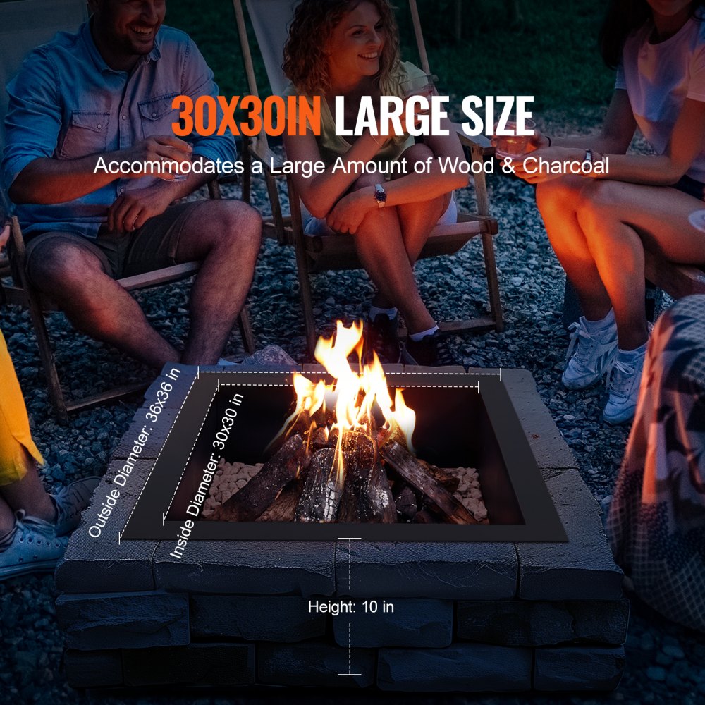 VEVOR Fire Pit Ring, 36x36 in Outer/30x30 in Inner Diameter, 10inch Height Square Fire Pit Insert, Heavy Duty Carbon Steel Liner DIY Campfire Ring above or In-Ground, for Outdoor Camping, Bonfires