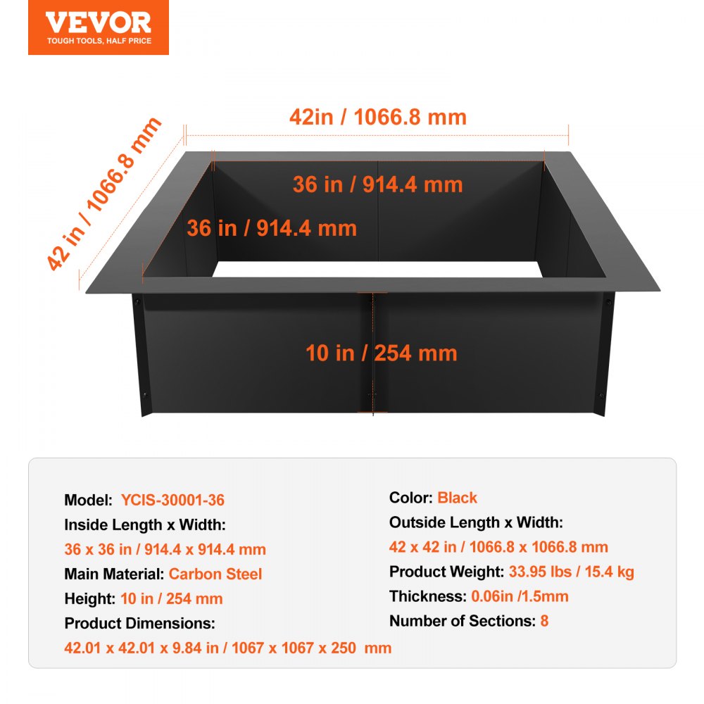 VEVOR Fire Pit Ring, 42x42 in Outer/36x36 in Inner Diameter, 10inch Height Square Fire Pit Insert, Heavy Duty Carbon Steel Liner DIY Campfire Ring above or In-Ground, for Outdoor Camping, Bonfires