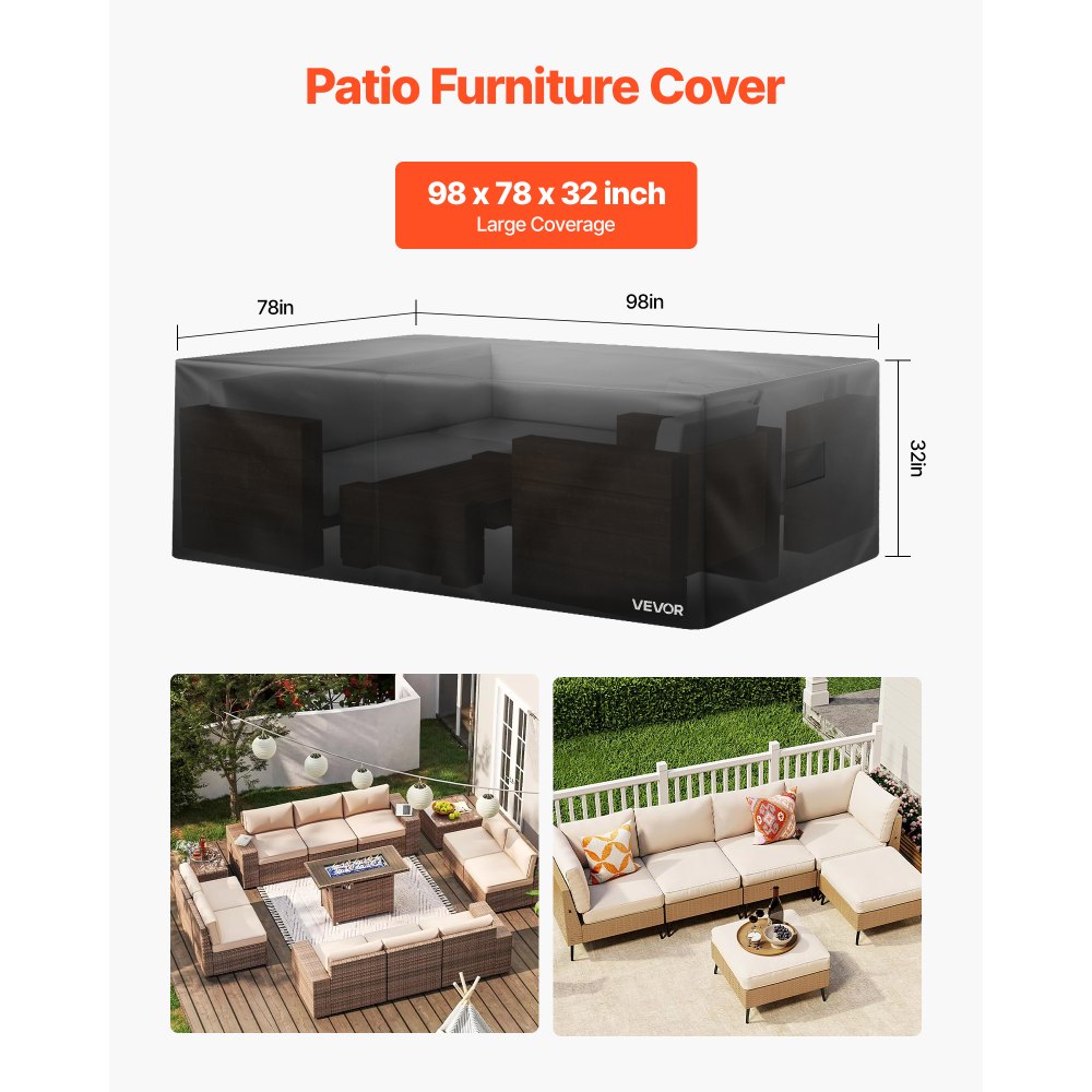 VEVOR Patio Furniture Cover, 420D Heavy Duty Waterproof Outdoor Dining Table and Chairs Cover, Large Rectangular Patio Table Covers with Air Vent for All Weather, 98L x 78W x 32H inch, Black