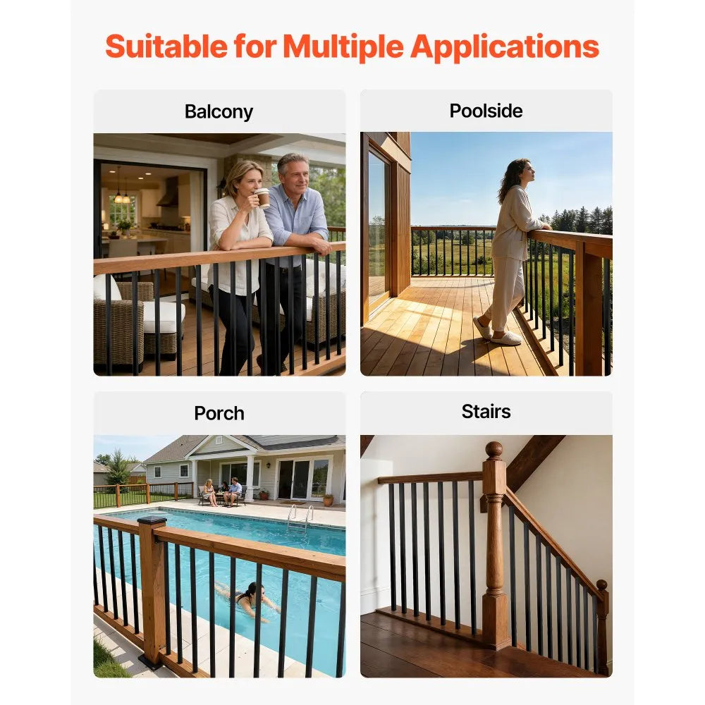 VEVOR 125 Pack Deck Balusters, 3/4 in Square x 26 in Long Aluminum Railing Spindles, Hollow Metal Decking Stair Balusters with Connectors, Screws, for Deck, Porch & Staircase Railing Fence, Black