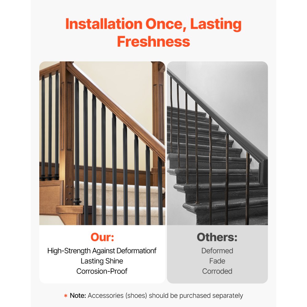 VEVOR Staircase Balusters 11 Pack, 44 Inch Durable Carbon Steel Stair Balusters, 0.5 Inch Indoor Square Metal Spindle Railing, Corrosion-Proof Hollow Deck Railing with Pre-Drilled Holes, Matte Black