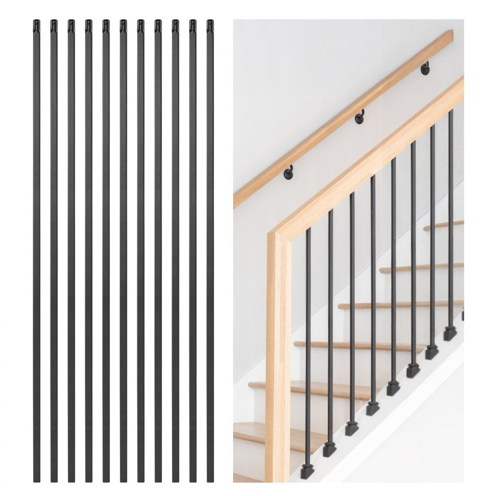 VEVOR Staircase Balusters 11 Pack, 44 Inch Durable Carbon Steel Stair Balusters, 0.5 Inch Indoor Square Metal Spindle Railing, Corrosion-Proof Hollow Deck Railing with Pre-Drilled Holes, Matte Black