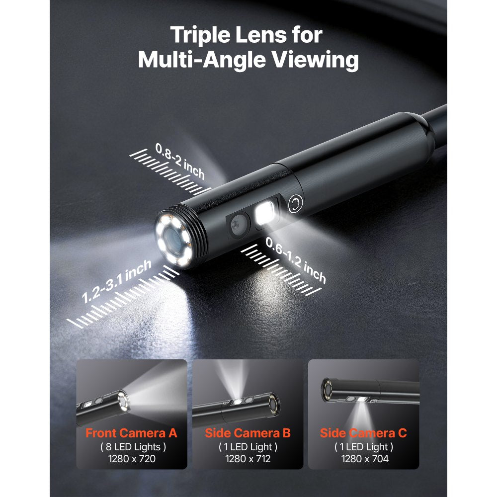 VEVOR Triple Lens Endoscope with Light, 4.5" HD IPS Screen Industrial Borescope Camera, 8 + 2 Lights, 8X Zoom, IP67 Waterproof Inspection Snake Camera for Automotive, Plumbing (16.4FT Rigid Cable)