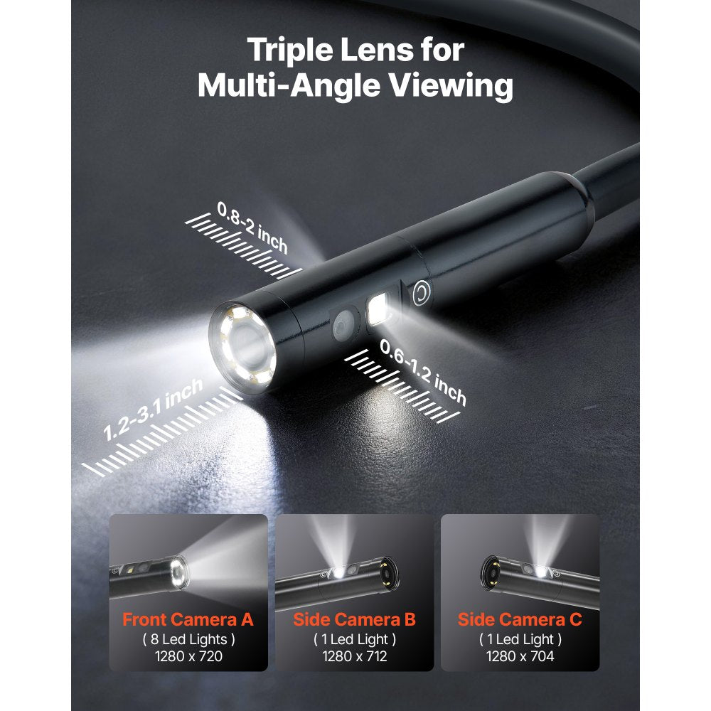 VEVOR Triple Lens Endoscope with Light, 5" HD IPS Screen Industrial Borescope, 1280 x 720 Lens, 8 + 2 LEDs, 8X Zoom, IP67 Waterproof Inspection Snake Camera for Auto, Plumbing (16.4FT Rigid Cable)