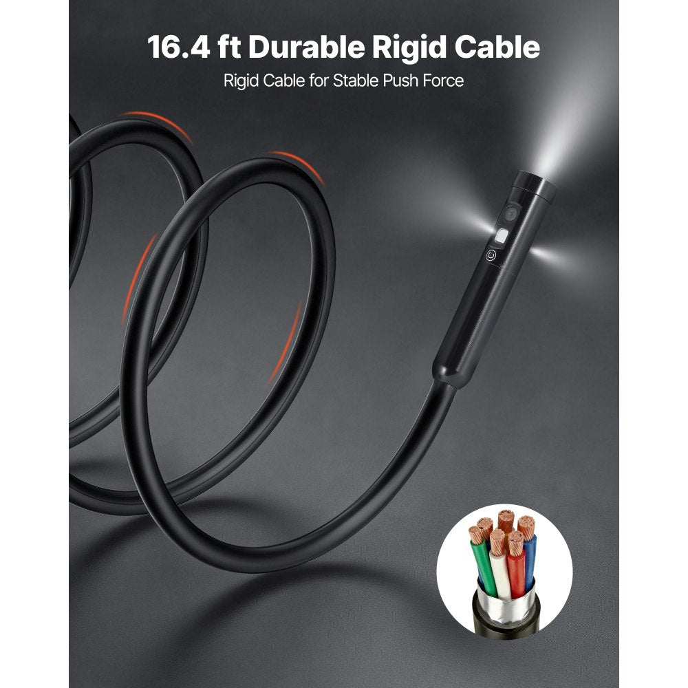 VEVOR Triple Lens Endoscope with Light, 5" HD IPS Screen Industrial Borescope, 1280 x 720 Lens, 8 + 2 LEDs, 8X Zoom, IP67 Waterproof Inspection Snake Camera for Auto, Plumbing (16.4FT Rigid Cable)