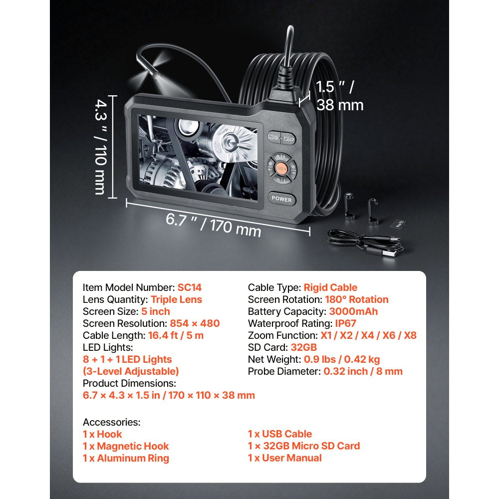 VEVOR Triple Lens Endoscope with Light, 5" HD IPS Screen Industrial Borescope, 1280 x 720 Lens, 8 + 2 LEDs, 8X Zoom, IP67 Waterproof Inspection Snake Camera for Auto, Plumbing (16.4FT Rigid Cable)